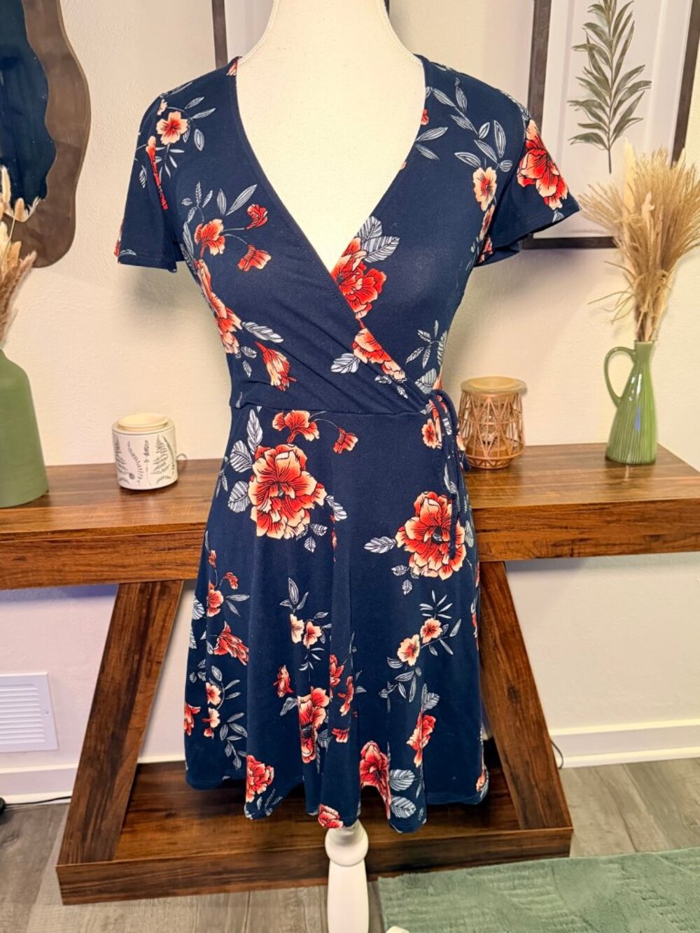 Floral Wrap Dress Navy Cottagecore Romantic Stretch BCX Size XS